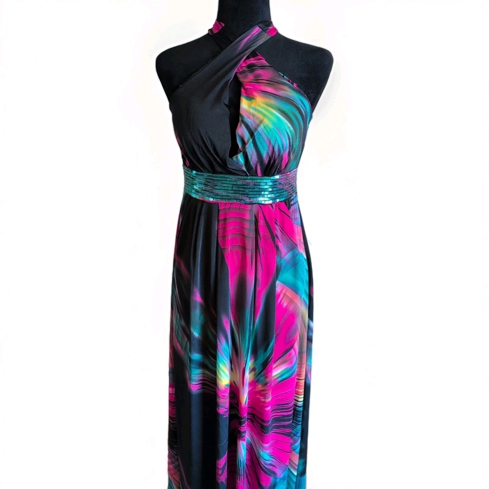 Vntg Y2K Womens Maxi Dress Green Sequin Fusia & Black Padded Halter Small